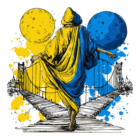 Explore this hand-drawn abstract illustration featuring a figure on a bridge under vibrant moons. The artwork combines fantasy elements, color splashes, and an enchanting cityscape.のイラスト素材