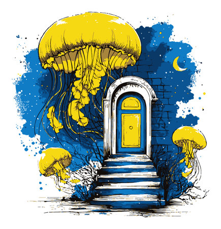 This vibrant hand-drawn illustration features jellyfish floating near a yellow doorway, blending surreal elements with bold colors, perfect for modern art decor.のイラスト素材