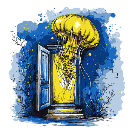 Explore a vibrant hand-drawn abstract illustration of a jellyfish gracefully emerging from an open doorway, merging fantasy with surreal artistry.のイラスト素材