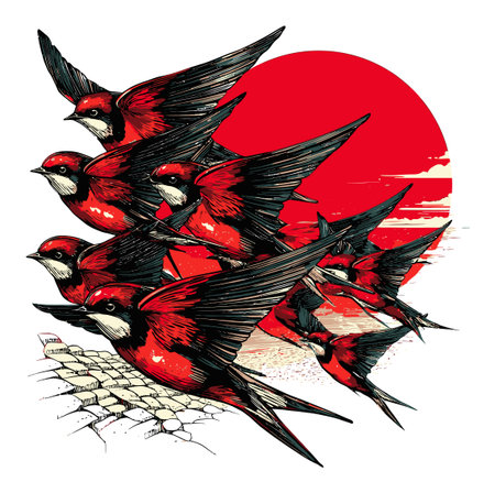 Dynamic illustration of birds in flight against a bold red circle. This visually striking artwork combines vivid colors and flowing motion, perfect for adding a touch of nature-inspired beauty to various projects.のイラスト素材