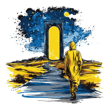 This hand-drawn abstract illustration features a figure walking toward a mystical portal, symbolizing journey and exploration through vibrant colors and imaginative scenery.のイラスト素材