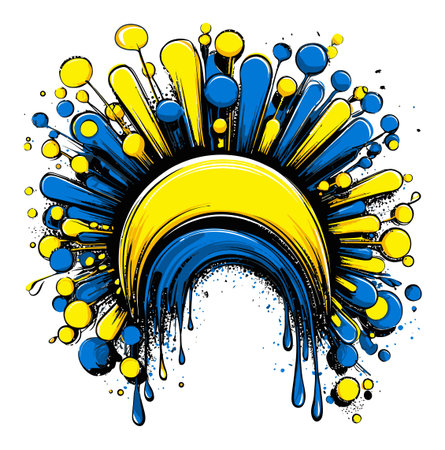 This vibrant hand-drawn abstract illustration features a colorful sunburst design in blue and yellow, perfect for modern art projects, posters, and creative designs.のイラスト素材