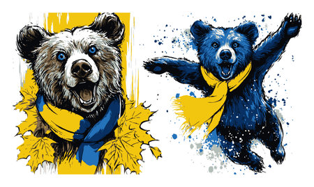 This dynamic hand-drawn bear illustration features vibrant colors and expressive poses. Ideal for cheerful designs and wildlife-themed projects, it radiates energy.のイラスト素材