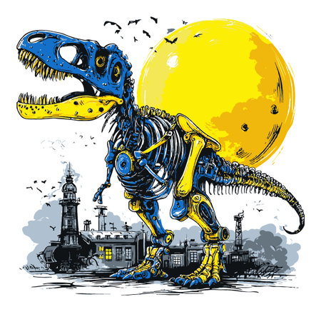 A vibrant hand-drawn illustration of a robotic dinosaur set against a large sun, featuring intricate details and whimsical elements, perfect for creative projects.のイラスト素材