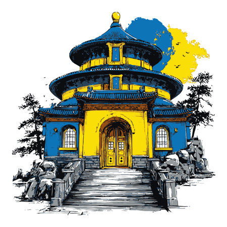 This hand-drawn abstract illustration features a vibrant Asian temple with intricate details, blending color and artistry to create a unique architectural visual.のイラスト素材