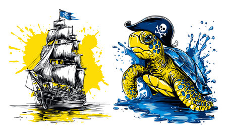 Vibrant hand-drawn illustration featuring a pirate ship and a turtle surrounded by colorful splashes. Perfect for adventure-themed projects and marine art.のイラスト素材