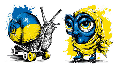 Discover this vibrant hand-drawn abstract illustration featuring a whimsical snail and character, capturing playful energy with blue and yellow splashes.のイラスト素材