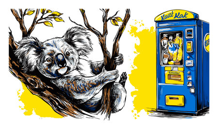 Hand-drawn illustration featuring a charming koala nestled in a tree next to a quirky vending machine. This colorful artwork captures playfulness and creativity.のイラスト素材