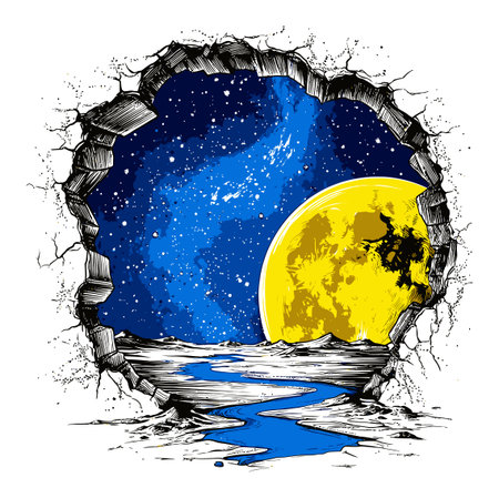 A captivating hand-drawn abstract illustration depicting a break in a wall revealing a vibrant cosmic scene, featuring a large moon and twinkling stars.のイラスト素材