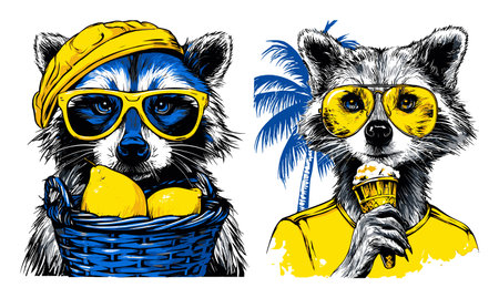 This vibrant, hand-drawn illustration features whimsical raccoons in sunglasses, enjoying summer treats amid tropical palm trees, perfect for playful designs.のイラスト素材