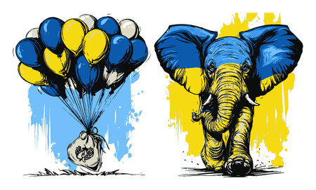 This vibrant hand-drawn illustration features a joyful elephant holding colorful balloons against an abstract backdrop. Perfect for festive themes.のイラスト素材