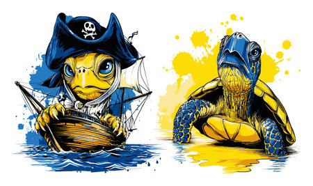Discover a vibrant hand-drawn illustration featuring a whimsical pirate turtle on a ship, surrounded by colorful splashes of yellow and blue, showcasing creativity and fun.のイラスト素材