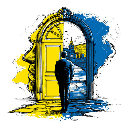This hand-drawn abstract illustration features a man standing at a doorway leading to a vibrant landscape, blending yellow and blue hues.のイラスト素材