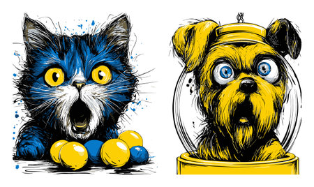 Explore a lively hand-drawn illustration of a surprised cat and dog, showcasing their vibrant expressions in striking blue and yellow colors. Perfect for playful art enthusiasts.のイラスト素材