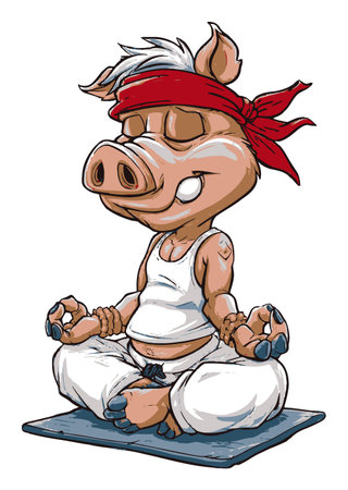 This hand-drawn cartoon features a joyful pig in a meditation pose, wearing a red bandana and casual attire. It's a playful illustration perfect for wellness themes.のイラスト素材