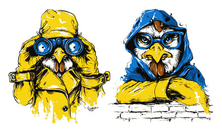 Explore a vibrant hand-drawn illustration showcasing eagles in playful costumes. This unique art piece combines bold colors and whimsical character details.のイラスト素材