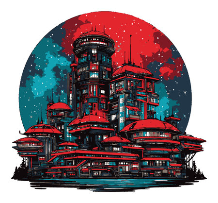 Stunning illustration of a futuristic city silhouette, featuring unique architecture and vibrant colors against a starry sky backdrop, perfect for any creative project.のイラスト素材