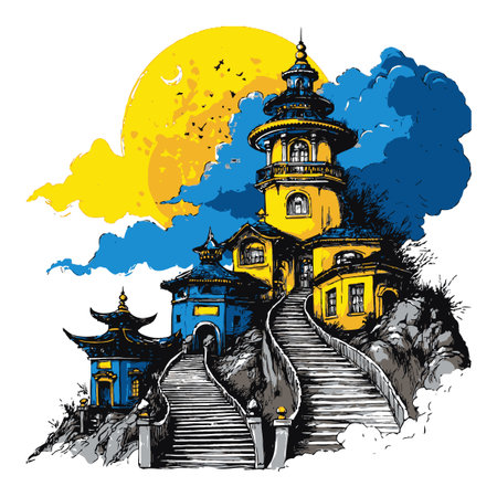 A hand-drawn abstract illustration showcasing a stylized pagoda under a vibrant moonlight, enveloped in clouds. Perfect for creative projects.のイラスト素材