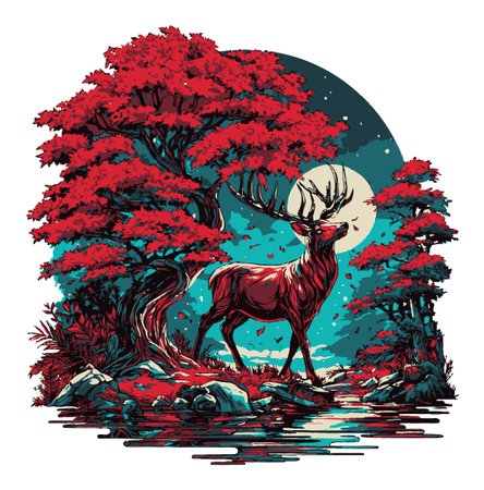 A striking illustration of a majestic deer silhouette among vibrant red trees, reflecting elegantly in serene water under a luminous full moon. Perfect for nature-themed art.のイラスト素材
