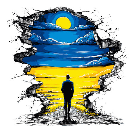 This hand-drawn artwork features a person standing before a vibrant horizon, symbolizing hope and exploration through an abstract landscape illustration.のイラスト素材