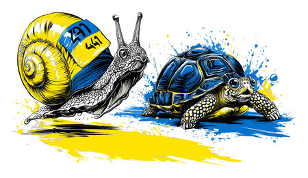 This vibrant hand-drawn illustration features a snail and turtle, showcasing their character with splashes of blue and yellow. Perfect for nature and art enthusiasts.のイラスト素材