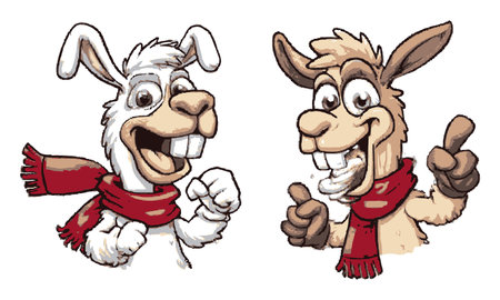 Two cheerful cartoon goats with scarves display playful expressions and gestures. Perfect for fun designs, animations, or children's media focusing on joy and friendship.のイラスト素材