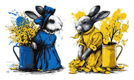 Delight in this charming hand-drawn illustration featuring two playful rabbits adorned in colorful outfits, surrounded by blooming flowers. Perfect for decor!のイラスト素材