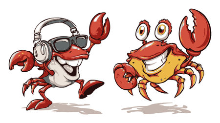 Two playful cartoon crabs display vibrant personalities with fun expressions and accessories. Perfect for creative projects or beach-themed designs.のイラスト素材