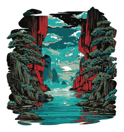 A captivating landscape illustration featuring a vibrant canyon scene with water, silhouettes of trees, and a dramatic sky. Perfect for nature lovers and art enthusiasts.のイラスト素材