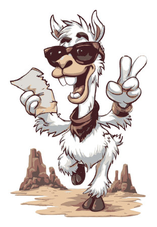 This charming cartoon llama character wears sunglasses and strikes a peace sign, embodying a joyful spirit. Set against a desert landscape, it features vibrant colors and playful design, perfect for fun projects.のイラスト素材