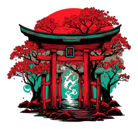 Captivating illustration of a Torii gate against a vibrant backdrop, featuring lush trees and bold colors. Perfect for artwork and design inspirations.のイラスト素材
