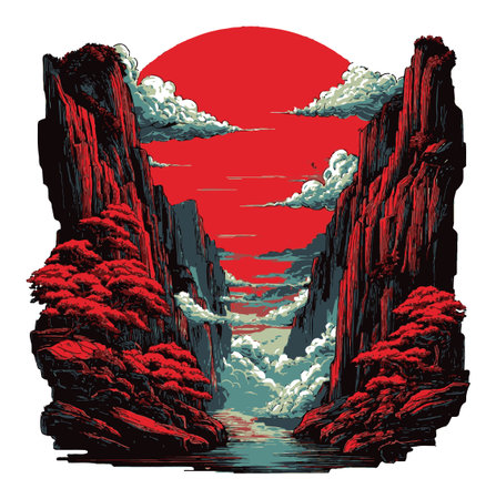 A stunning art piece showcasing a vibrant red sun setting behind silhouette mountains, casting dramatic clouds over a tranquil river. Perfect for nature lovers.のイラスト素材
