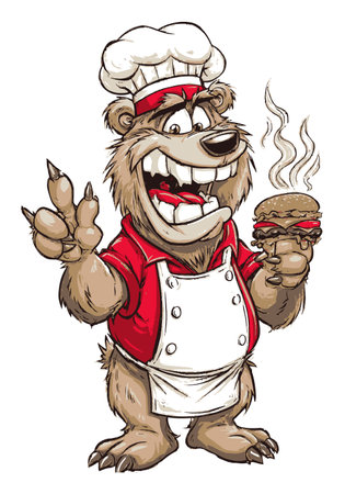 Cheerful cartoon bear chef proudly holds a delicious burger, displaying a playful attitude. Perfect for food-related themes, this colorful illustration highlights joy and whimsy in cooking.のイラスト素材