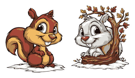 This hand-drawn illustration features two adorable cartoon squirrels in a playful style, perfect for childrens books, animations, and playful projects.のイラスト素材