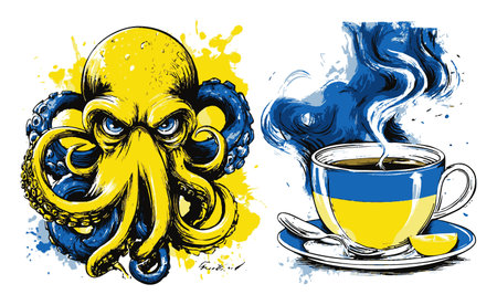 A vibrant hand-drawn illustration features an intense octopus alongside a steaming coffee cup, showcasing bright colors and artistic flair, perfect for creative projects.のイラスト素材