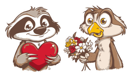 Adorable hand-drawn cartoon of a sloth holding a heart and an owl with flowers, perfect for expressing love and friendship in a cheerful and playful style.のイラスト素材