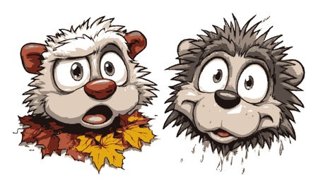 Adorable cartoon hedgehogs with expressive faces, one surprised and one joyful, surrounded by autumn leaves. Perfect for children's illustrations or playful designs!のイラスト素材