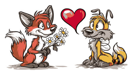 This charming hand-drawn cartoon features a fox presenting flowers to a bee, conveying love and friendship. Perfect for conveying joy and affection in artwork.のイラスト素材