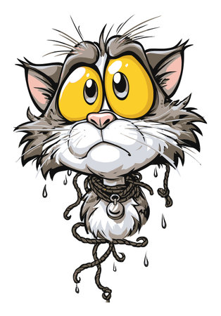 This cartoon cat illustration features a large-eyed character with a tearful expression. The whimsical design captures emotion, making it perfect for playful projects.のイラスト素材