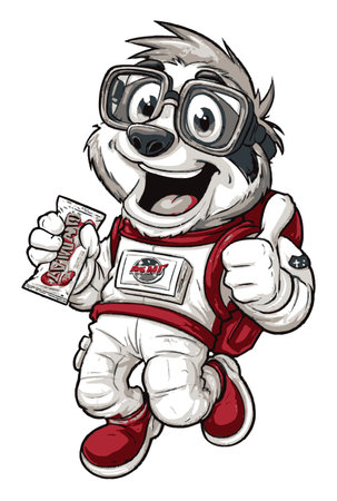 Adorable cartoon character featuring an excited astronaut animal with glasses holding a snack, showcasing joy and creativity in a fun outer space theme.のイラスト素材
