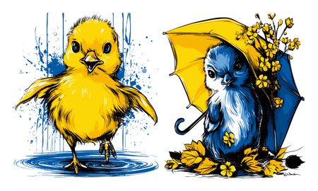 Delight in this playful illustration of hand-drawn birds featuring a cheerful chick and a blue bird with an umbrella and flowers, ideal for spring themes.のイラスト素材
