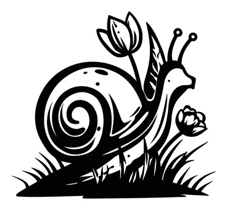 A striking black and white illustration of a snail amidst flowers and grass, showcasing intricate details and unique design suitable for artistic projects.のイラスト素材
