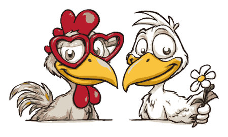 This delightful hand-drawn cartoon features two cheerful birds with playful expressions. One wears heart-shaped glasses, while the other holds a flower, embodying fun and whimsy.のイラスト素材