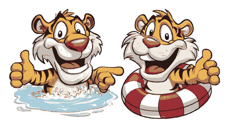 Enjoy this vibrant hand-drawn cartoon featuring cheerful tigers in playful poses. One tiger swims while the other relaxes with a lifebuoy, capturing summertime joy.のイラスト素材