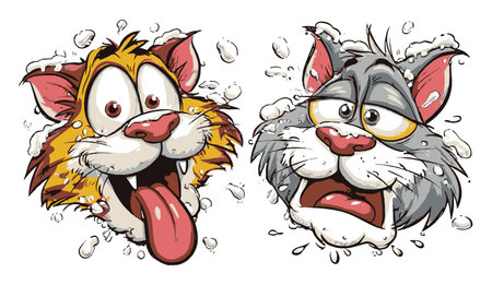 This vibrant hand-drawn cartoon features two playful cat faces, one orange and one grey, bursting with expressions and surrounded by fun bubbles.のイラスト素材