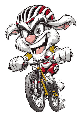 This vibrant hand-drawn cartoon features an energetic rabbit riding a bicycle. The character exudes enthusiasm and playfulness, perfect for kids designs.のイラスト素材