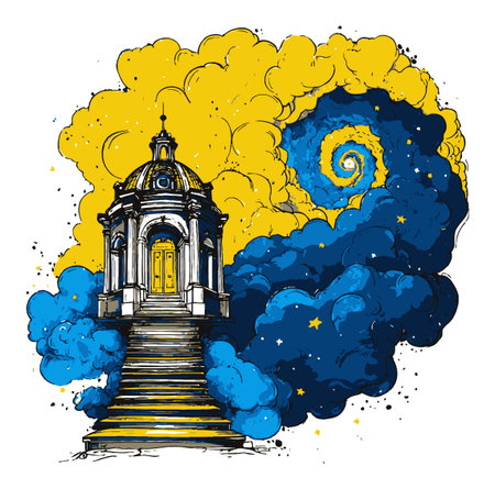 This hand-drawn abstract illustration features a mystical building surrounded by vibrant blue and yellow clouds, creating a surreal and imaginative atmosphere, perfect for creative projects.のイラスト素材