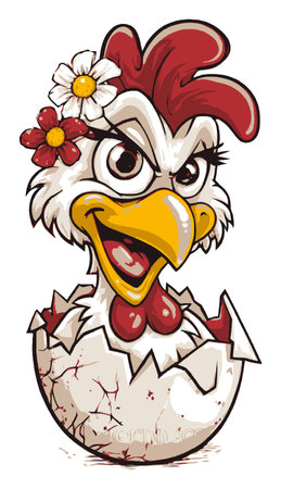 A lively cartoon hen emerging from an eggshell adorned with flowers, exuding personality and joy. Perfect for cheerful designs and creative projects.のイラスト素材