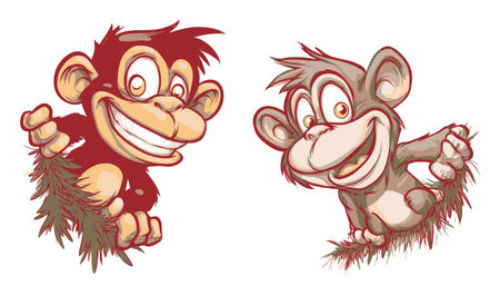 Two cheerful cartoon monkeys with playful expressions hang on branches, showcasing a whimsical hand-drawn style. Ideal for fun and creative projects.のイラスト素材