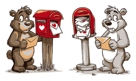 Enjoy a charming hand-drawn illustration featuring two cartoon bears engaging with a mailbox, bringing a sense of joy and friendship in a whimsical setting.のイラスト素材